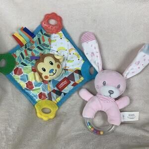 Nuby Baby Teething Plush Monkey Lovey Textures Crinkly Squeaker + Bunny Rattle
